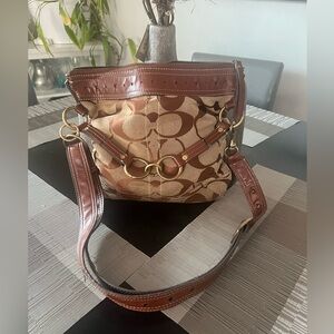 Coach Brown and Tan Shoulder Bag with Gold Accents